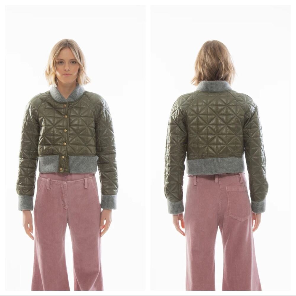 GARBE LUXE Catherine Puffer Cropped Quilted Jacket Size L Army Green